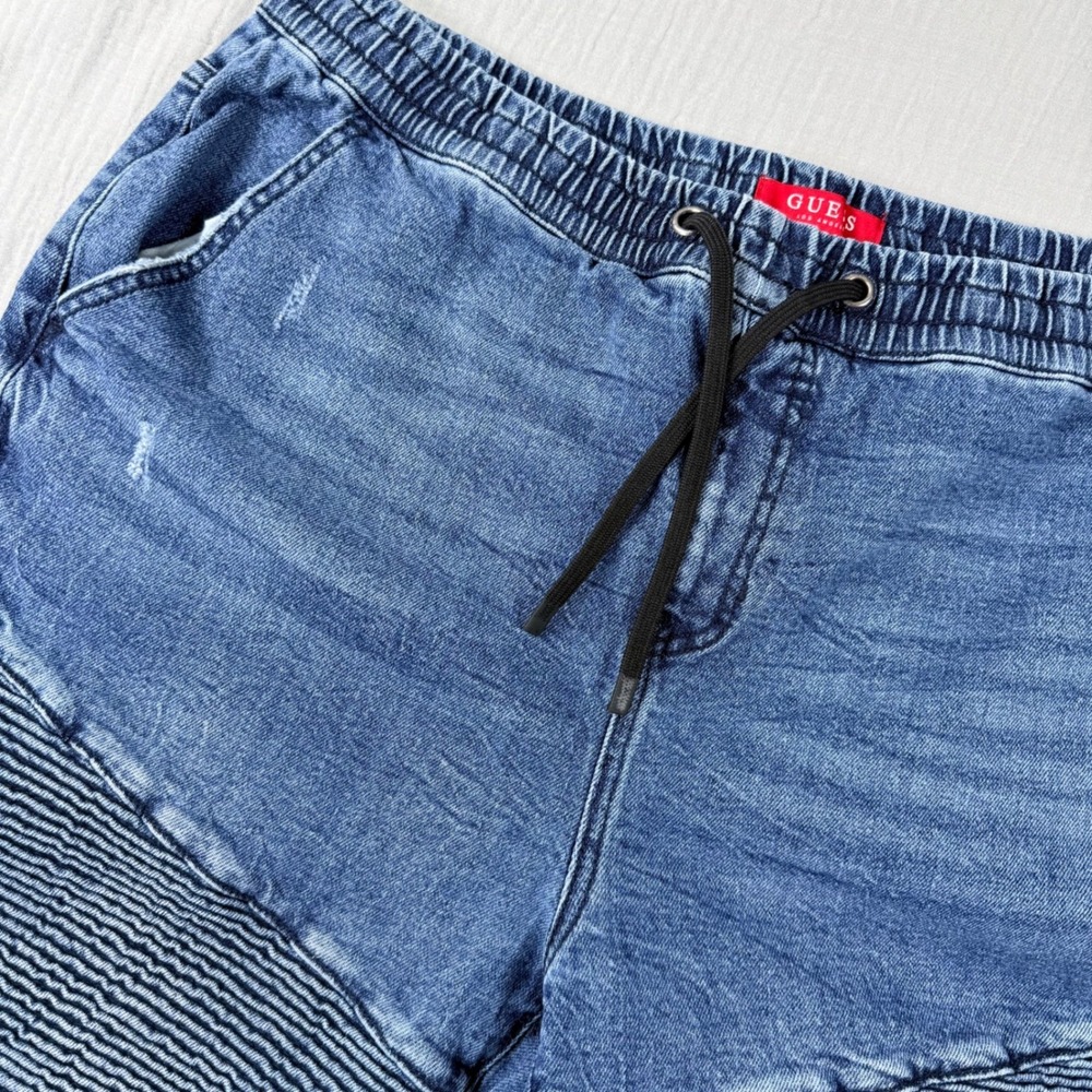 VTG GUESS Mens Blue Denim Jogger‎ Pants Size L Moto Style Elastic Skater Grunge